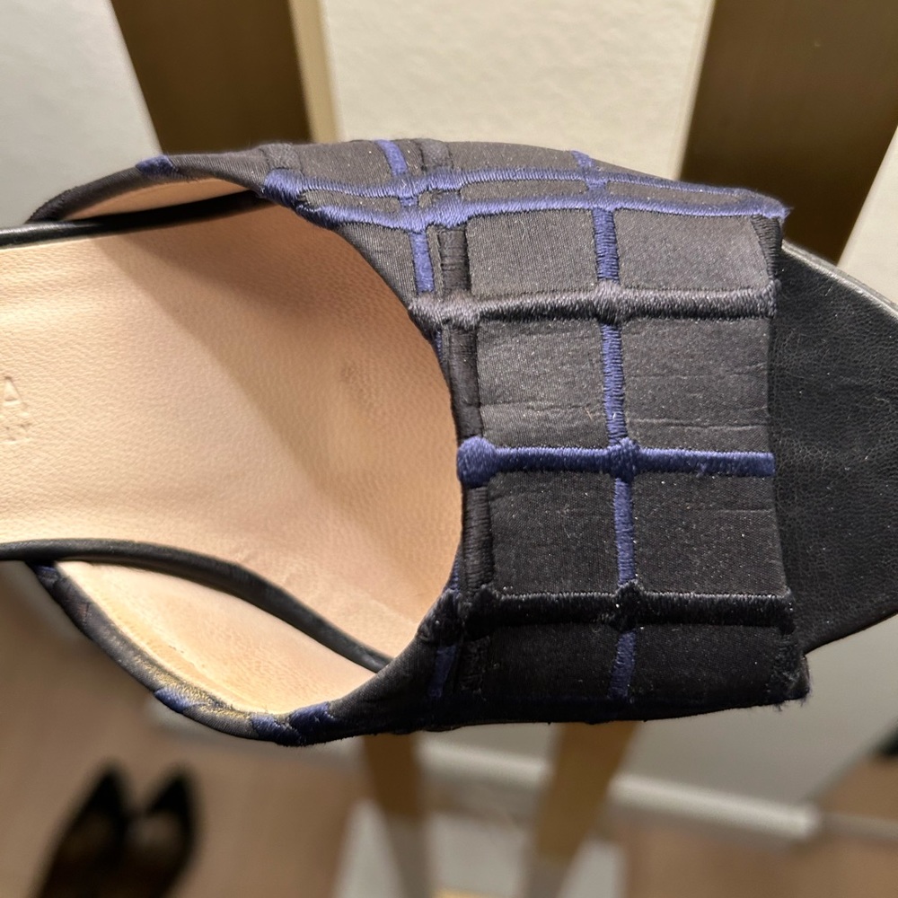 Bottega Vaneta satin heeled slides (black and subtle blue plaid).